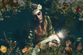 Celtic Woman and Fairy in a dark enchanted forest