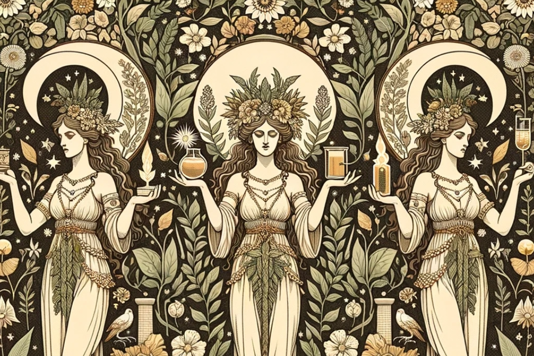 Triple depiction of Hekate, each figure haloed by a moon and garlanded with flowers. The central goddess holds a flask and candle; her counterparts bear a torch and key, symbolizing enlightenment and mystery. 