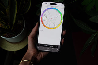 Visual of the April 2025 Full Moon in Libra astrology chart displayed on a phone.