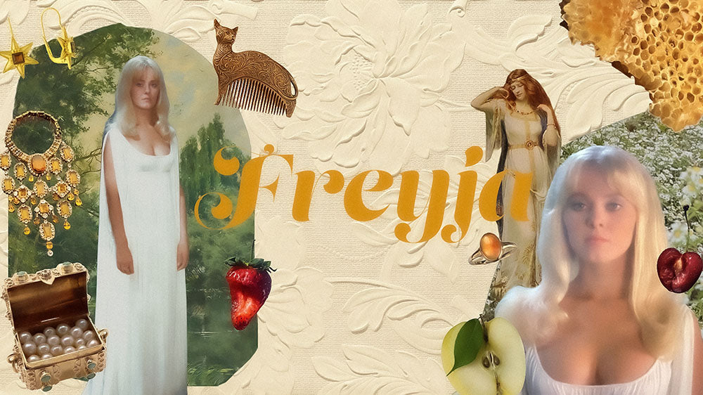 A collage celebrating the Norse goddess Freyja with two images of a woman in white dresses symbolizing Freyja's beauty.