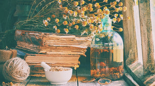 A cunning folk's workspace in a rustic setting, featuring an assortment of herbs such as chamomile, talismans, and tools displayed in glass jars by a sunlit window.
