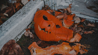 Broken Pumpkin: A cracked, decaying jack-o'-lantern lying among fallen leaves and debris, symbolizing the passage of time after Halloween.