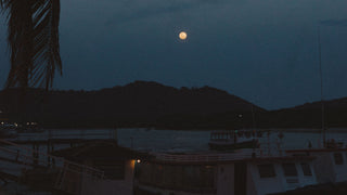 A Full Blue Supermoon overlooks a pier on the sea at night.
