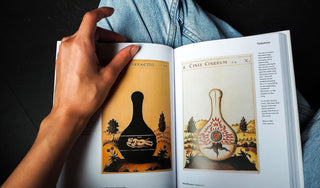 Person holding an open book featuring alchemical illustrations of the Nigredo and Coniunctio phases, symbolizing spiritual breakdown and transformation; evokes themes of inner work, healing, and esoteric herbalism.