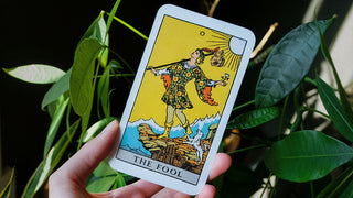 The Raider Waite version of the Fool card against a green backdrop of houseplants