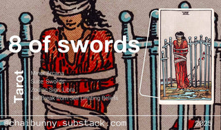 Eight of Swords tarot card with keywords Minor Arcana, Libra, and self-limiting beliefs—symbolizing mental blocks and the path to personal freedom.