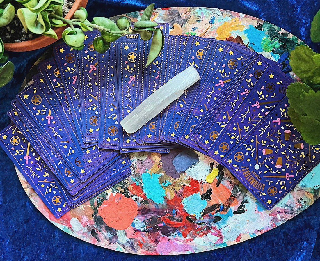 Tracking Tarot like a Habit - Tarot Cards on a Paint Palette with a Selenite Stick - Chai Bunny Blog Post