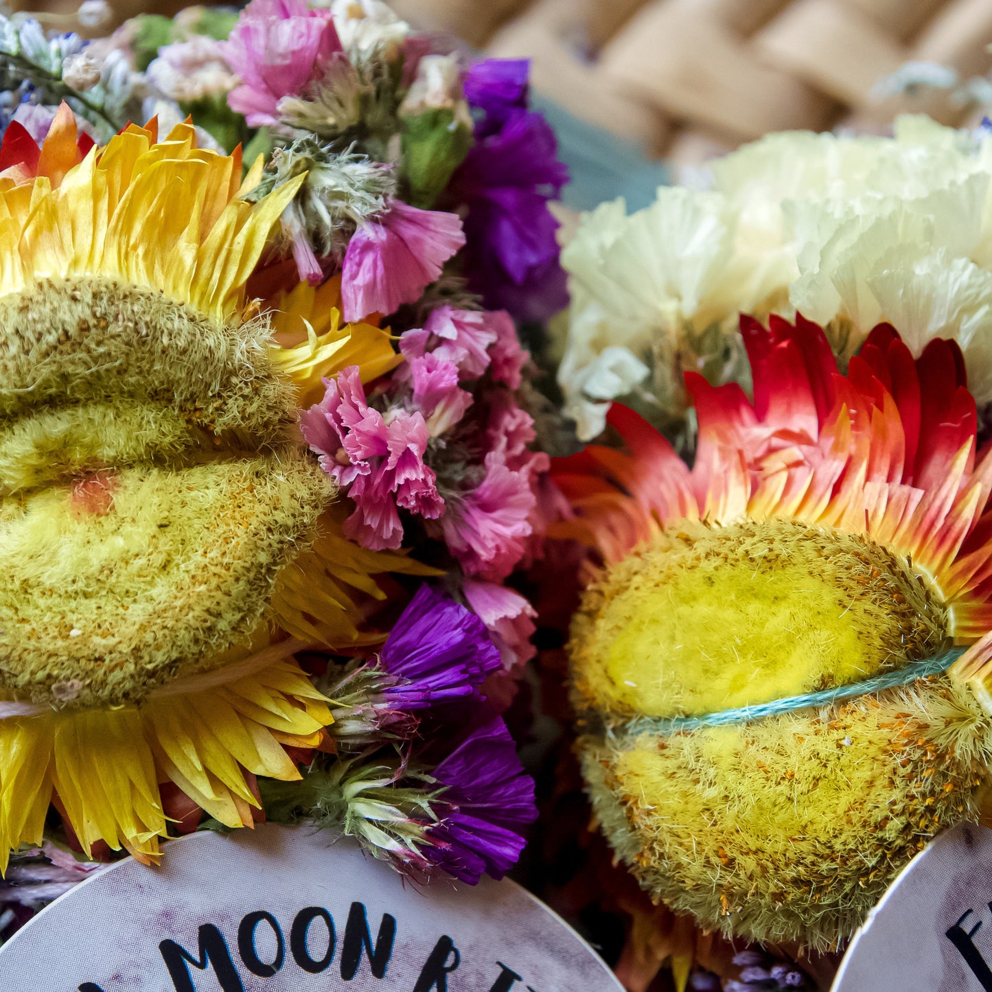 Full moon ritual sage wands, colorful sunflowers